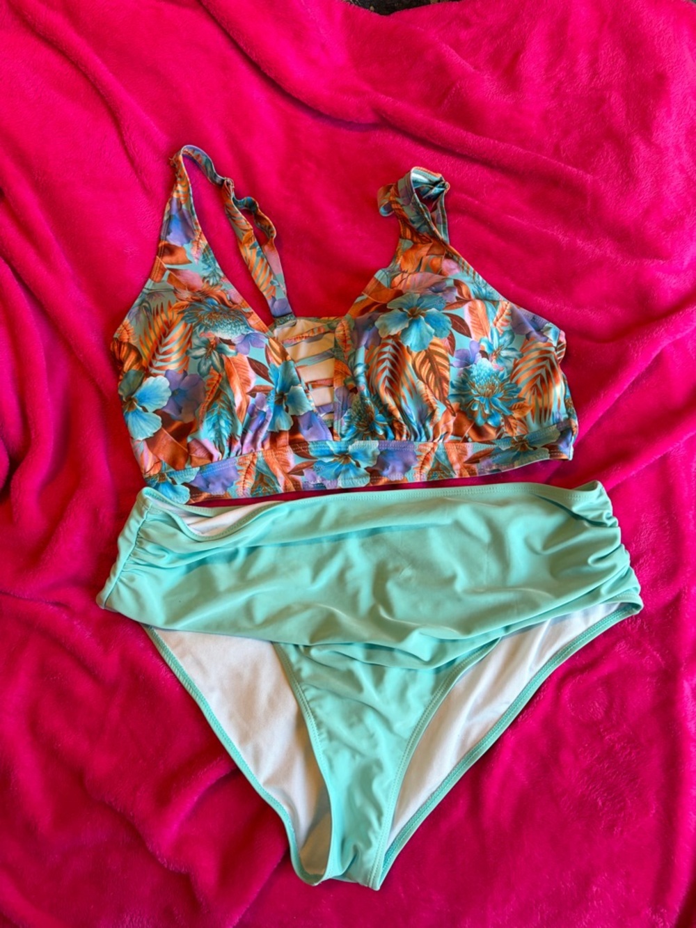 Floral Tropical Bikini Top with Aqua High-Waist Bottoms